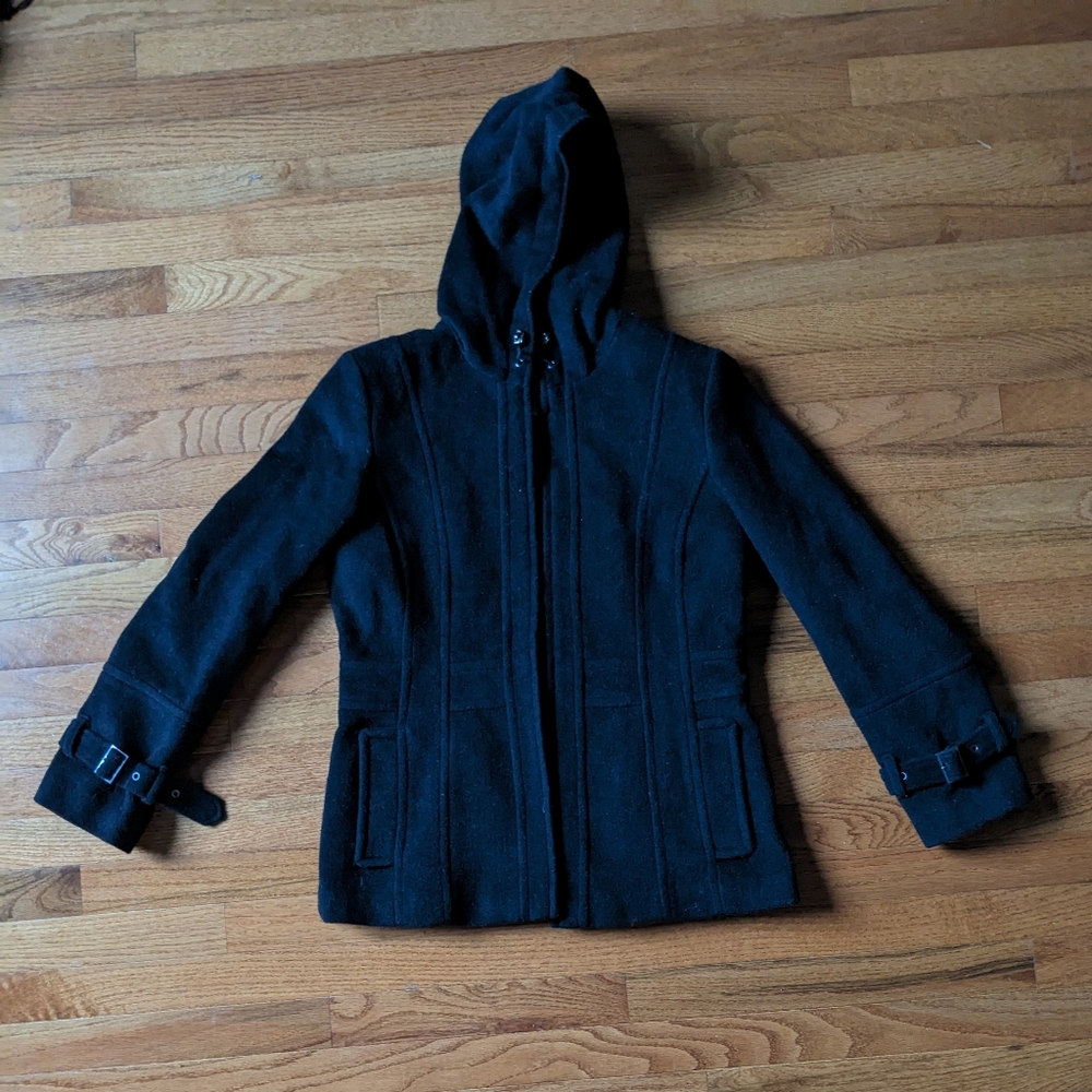Black Wool Cashmere Blend Hooded Jacket